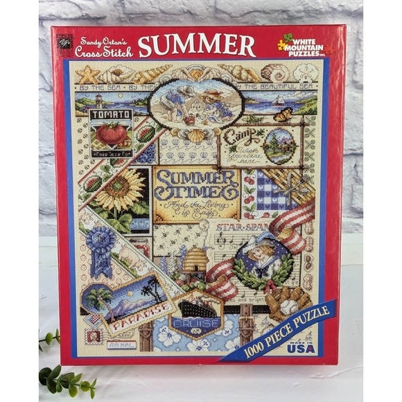 RARE MADE USA!☀️Summer Sandy Orton's Cross Stitch 1000 Jigsaw Puzzle White Mtn